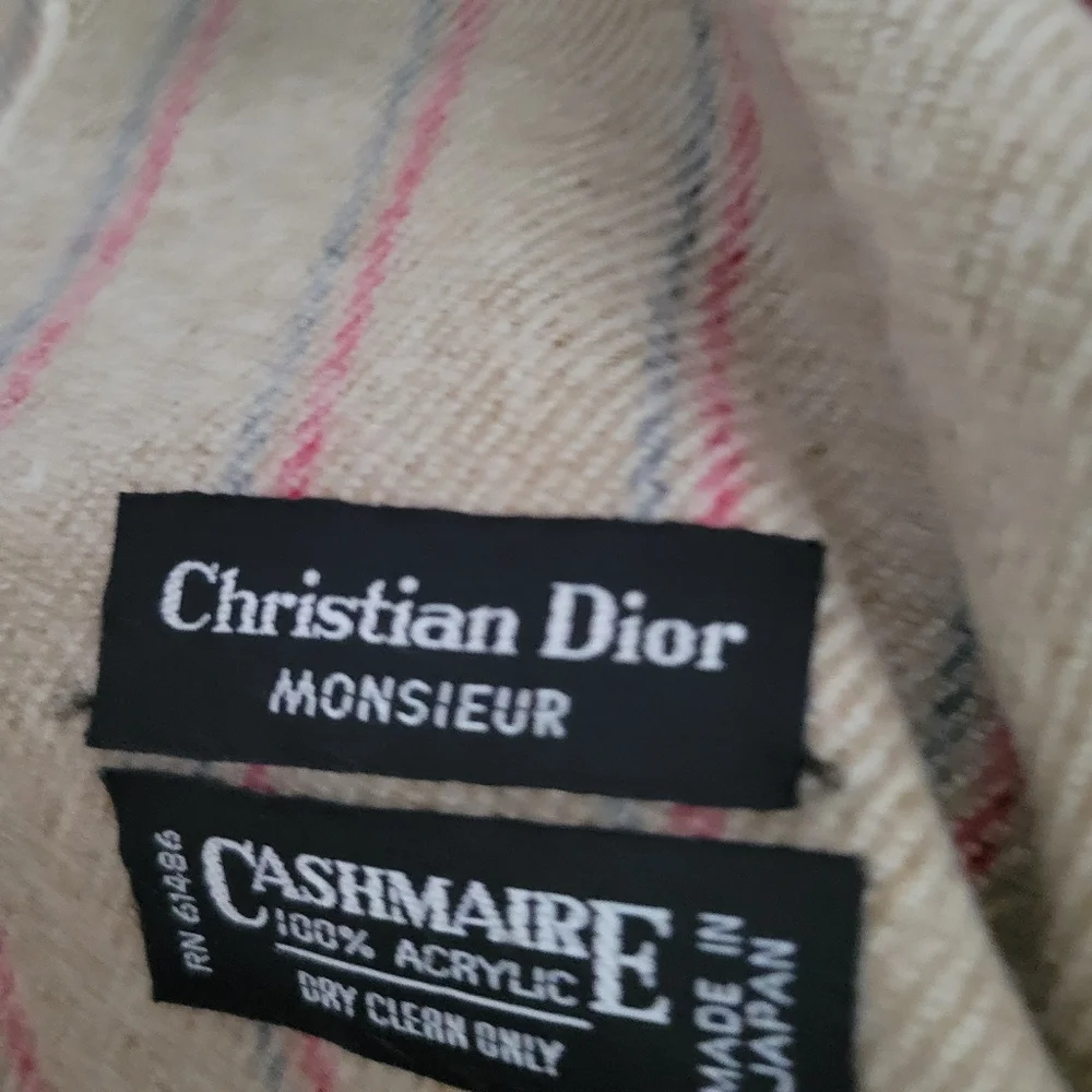 Christian Dior Vintage Striped Beige Gray Red Fringed Womens Acrylic Scarf